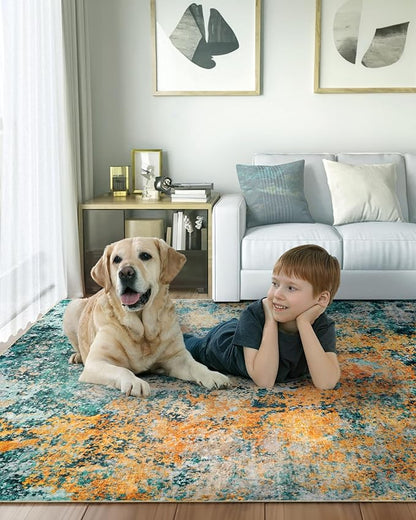 Washable Area Rug for Living Room: 10X14 Modern Abstract Neutral Soft Rug for Bedroom Dining Room No Slip Low Pile Carpet for Nursery Home Office - Teal/Orange