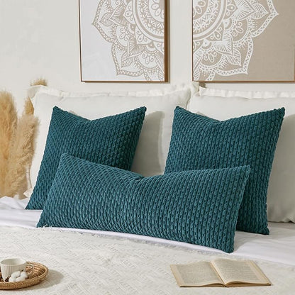 Kevin Textile 14x36 Inch Long Lumbar 1 Pack Boho Decorative Throw Pillow Cover Soft Striped Corduroy Rectangle Cushion Case Farmhouse Solid Color Accent for Living Room Couch Sofa Bed, Teal Blue
