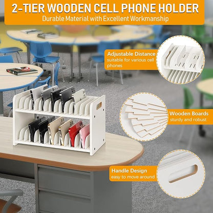 Cell Phone Storage Classroom Cell Phone Holder Adjustable Wooden Multiple Rack Caddy Organizer Box for Classroom Office Desktop with 1-30 Number Stickers (30-Grid) (White)