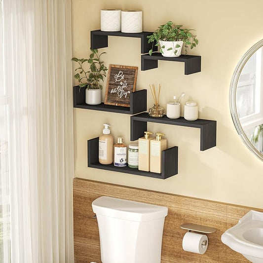 SRIWATANA Floating Shelves for Wall, Wall Shelves for Bathroom, Bedroom, Living Room, Kitchen, Office, Wood Shelves for Home Decor Set of 5 (Weathered Black)