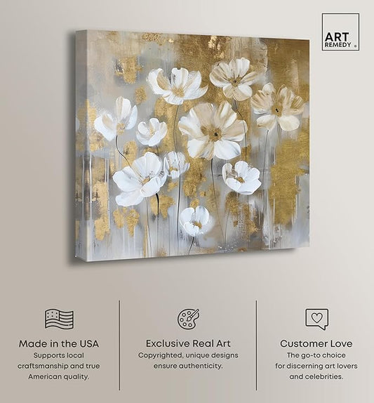 Art Remedy Golden Daisies Canvas Elegant White Gold Wall Art, Gallery Wrapped, 40" x 40"