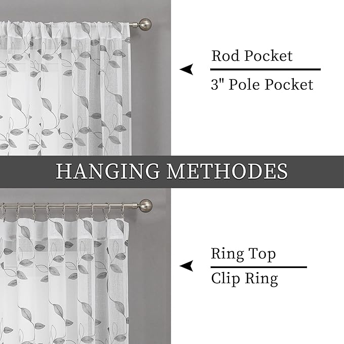 Tollpiz Grey Leaf Sheer Curtain Leaves Embroidered Bedroom Short Curtains Rod Pocket Voile Window Treatments for Living Room, 38 x 45 inches Long, Set of 2 Panels