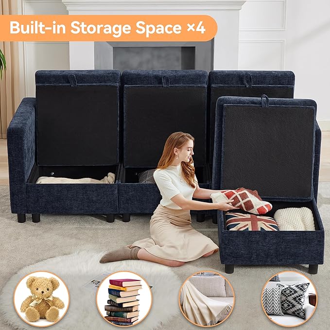 83'' Modular Sectional Sofa Convertible L Shaped Couch Set for Living Room, 4 Seat Storage Modular Sofa with Movable Ottoman, Chenille Navy