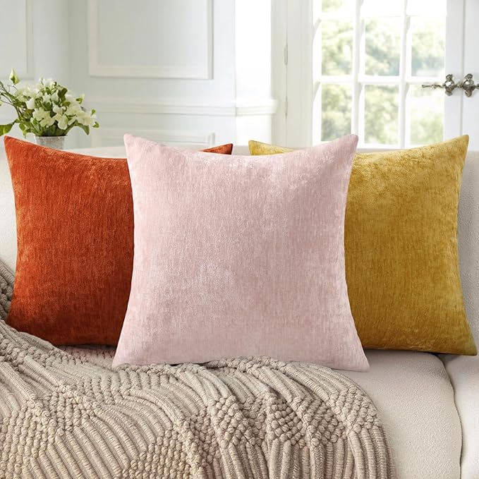 decorUhome Chenille Blush Pink Spring Throw Pillow Covers 26x26 Inch Set of 2, Decorative Soft Couch Pillow Covers Solid Dyed Accent Farmhouse Neutral Square Pillow Cases for Sofa