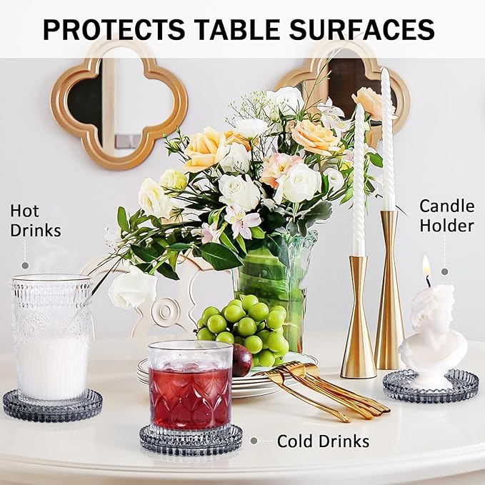 Vintage Glass Coasters, GOH DODD Set of 6 Crystal Coasters Tabletop Protection for Drinks, Home Decor, Kitchen, Living Room, Patio, Wedding, Party, Housewarming Gifts, Clear Black