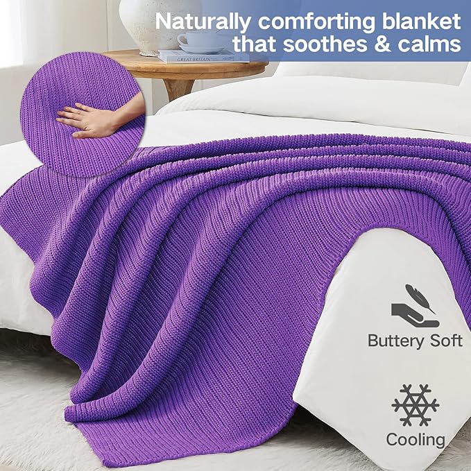 Guohaoi Knitted Weighted Blanket for Adults (Purple 60"x80" 12lbs) No Beads Cooling Throw Blanket for Hot Sleepers, Home Decor Breathable Chunky Knit Heavy Blanket Use on Queen/King Size Bed