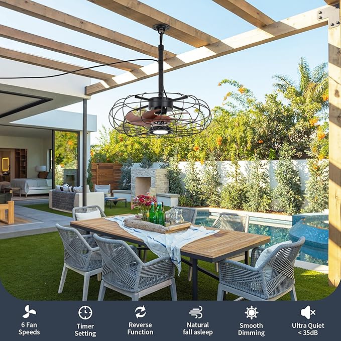 20" Outdoor Ceiling Fan with Light, With Remote and App Remote, IP65 Waterproof Gazebo Hanging Fan, 3CCT Dimmable, Portable Plug in Ceiling Fan with Cord Hook for Patio Porch Pergola Indoor(Black)