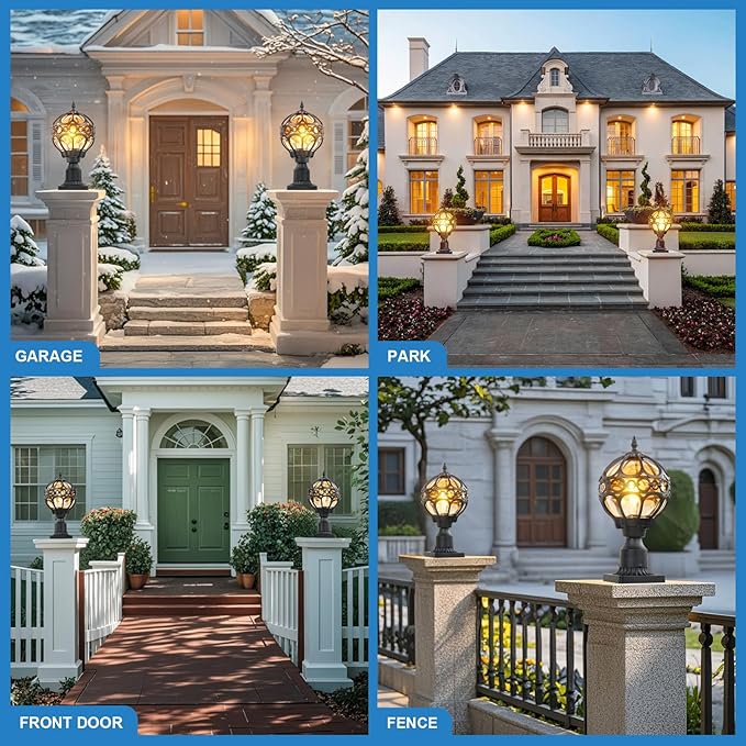 Outdoor Lamp Post Lights, Aluminum Rust-Proof Globe Post Light for Porch Front Door Driveway Lawn Garden, Black Sphere Exterior Pillar Post Light, Hardwired 3" Pier Mount Post Lantern