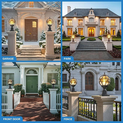 Outdoor Lamp Post Lights, Aluminum Rust-Proof Globe Post Light for Porch Front Door Driveway Lawn Garden, Black Sphere Exterior Pillar Post Light, Hardwired 3" Pier Mount Post Lantern