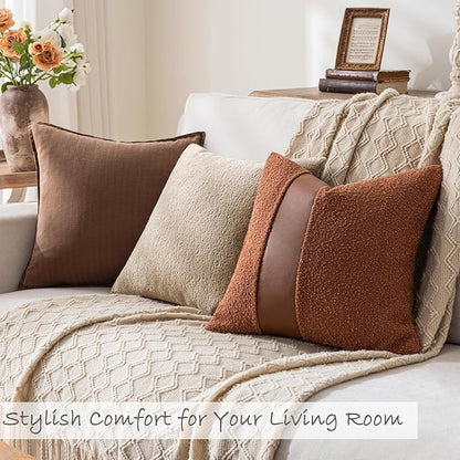 18"x18" Rust Red Boucle Throw Pillow Covers with Faux Leather Accents Set of 2 Fluffy Textured Decorative Pillow Cases for Couch Bed Boho Farmhouse Square Cushion Covers for Nordic Home