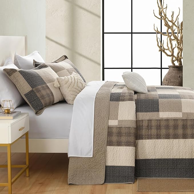 Oversized King Bedspread Quilt 120" x 120", 100% Cotton Lightweight Quilted Bed Spreads Coverlet Set Farmhouse Bedding Cover, 3 Piece, Charcoal/Beige/Browm