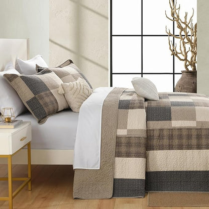 Oversized Queen Bedspread Quilt 102" x 120" Extra Large, 100% Cotton Lightweight Quilted Bed Spreads Coverlet Set Farmhouse Bedding Cover, 3 Piece, Charcoal/Beige/Browm