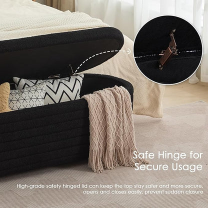 53" Storage Bench Teddy Ottoman Bench Upholstered Fabric Bench End of Bed Stool with Safety Hinge for Bedroom, Living Room, Entryway, Black