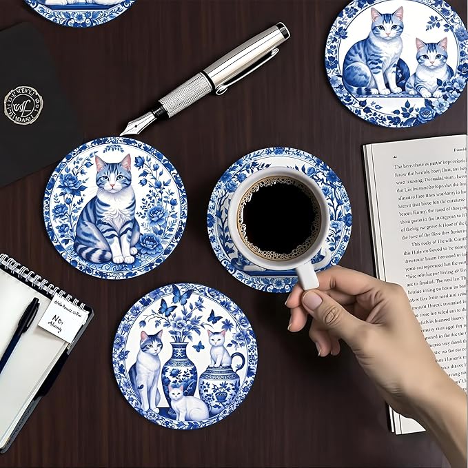 zcyhtqp, Funny Absorbent Round Ceramic Stone Coasters Set of 4 with Cork Base, Chinoiserie Cat Coasters, Gifts for Home, Kitchen, Bar, Office Table Décor