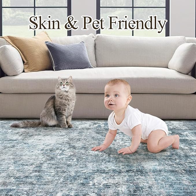 7x9 Area Rug for Living Room Washable Abstract Vintage Soft Thin Indoor Floor Non-Slip Carpet for Bedroom Dining Room Blue Grey
