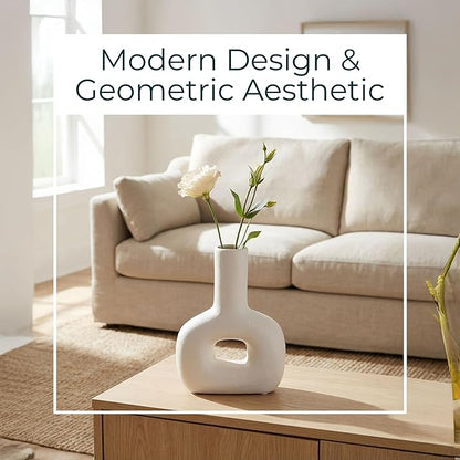 Decorative Flower Vase for Home Decor – Ceramic Modern Flower Vase With Open Cut Design, Stylish Table Centerpiece for Living Room or Entry Display, Modern for Faux Flowers and Greenery – 8", Ivory