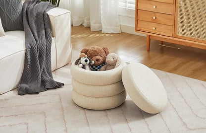 Flouki 20.1" Storage Ottoman Round, Vanity Stools for Bedroom, Linen Pouf Ottoman with Removable Lid, Modern Ottoman Stool for Girls Women, Foot Stool for Living Room, Beige