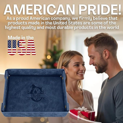 Engraved Christmas Blue Leather Valet Tray – Personalized Rectangle Catchall Organizer for Wallet, Keys, and Jewelry – Gift for Men, Dad, Couples – Dresser Top or Coffee Table Tray Decor