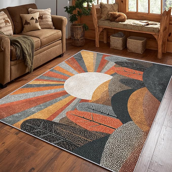 Bohemian Rug, 3x5 Area Rugs Abstract Forest Sun Tree Pattern for Entryway, Living Room, Bedroom, Bohemian Home Decor Accessories Indoor Carpet, Non Slip & Machine Washable