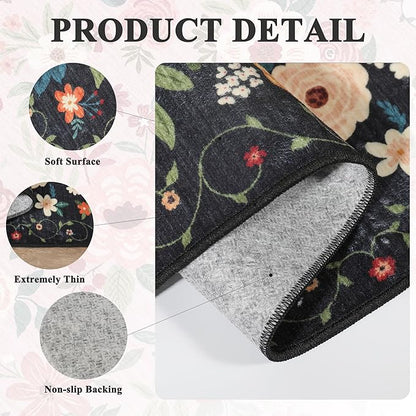 DUKINO 8x10 Area Rug, Floral Rugs for Living Room, Lightweight Non Slip Washable Rug, Indoor Low Pile & Non-Shedding Boho Design Rugs for Bedroom, Living Room, Dining Room, Black