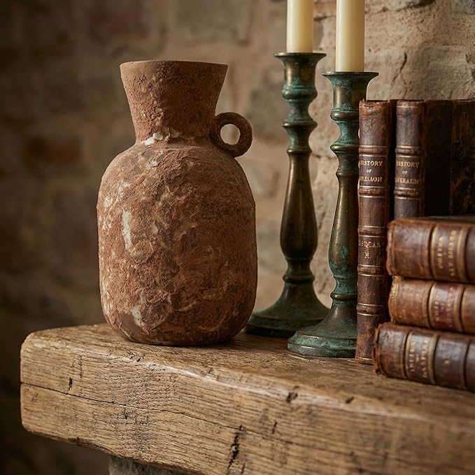 7IN Rustic Farmhouse Ceramic Vase Home Decor,Handmade Vintage Stoneware Clay Pottery Terracotta Textured for Modern Farmhouse, Living Room, Office Desk Table Shelf (Brown1)