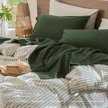 MooMee Bedding Sheet Set 100% Washed Cotton Linen Like Textured Breathable Durable Soft Comfy (Solid Forest Green, California King)