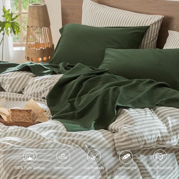 MooMee Bedding Sheet Set 100% Washed Cotton Linen Like Textured Breathable Durable Soft Comfy (Solid Forest Green, Split King)