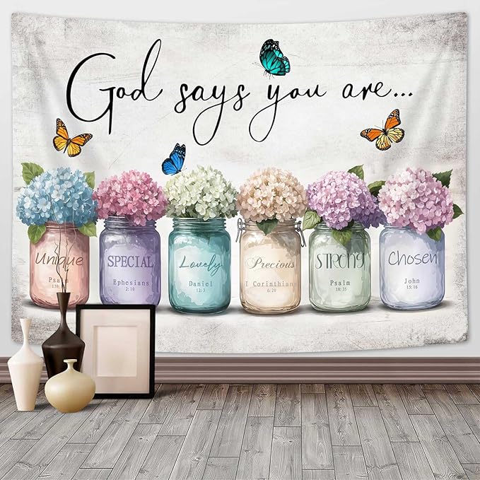 DYNH Inspirational Bible Verse Tapestry, God Says You Are Wall Sayings Flowers in Mason Jar Wall Hanging,Quotes Tapestries for Bedroom Living Room Dorm TV Backdrop,Beach Blanket,80x60In