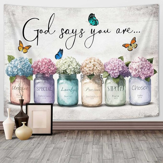 DYNH Inspirational Bible Verse Tapestry, God Says You Are Wall Sayings Flowers in Mason Jar Wall Hanging,Quotes Tapestries for Bedroom Living Room Dorm TV Backdrop,Beach Blanket,80x60In