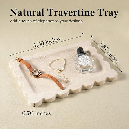 Koville Romano Travertine Tray, 11"x8" Natural Marble Scalloped Tray for Jewelry Cosmetics Perfume Trinket, Stone Vanity Tray for Countertop Bathroom Kitchen Dresser, Travertine Decor(Beige)