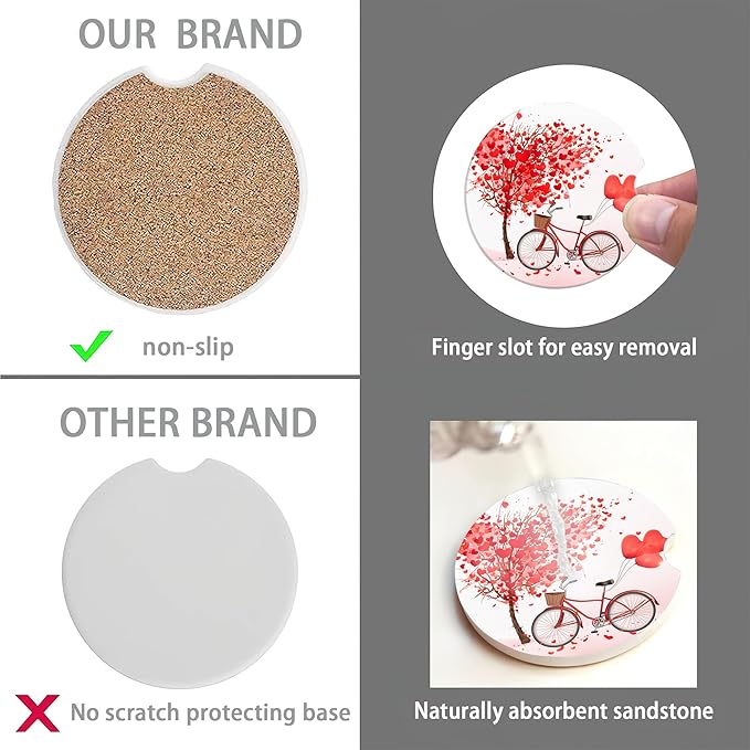 Love Tree Bicycle Cup Holder Coasters for Car,Cute Cup Holder Coasters,2 Pack Anti Slip Ceramic Car Cup Holder Accessories with Finger Notch for Women Men 2.56"