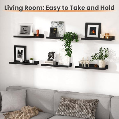 upsimples Floating Shelves for Wall, Wall Shelves for Decor Storage Set of 6, Wall Mounted Wood Shelf for Bedroom, Living Room, Bathroom, Kitchen, Picture Ledge Shelf, Black