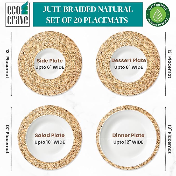 Large Round placemats 13 inch Set of 20, Dining Room Table Placemats', Jute Round Table Mat Centerpiece, Chargers for Dinner Plates Set of 20