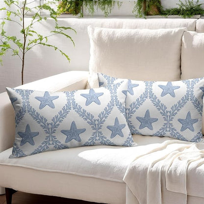 Coastal Pillow Covers 12x20 Set of 2 Ocean Starfish Pattern Decorative Light Blue Pillowcases Outdoor Beachy Throw Pillow Covers with Zipper Soft Cozy for Sofa Bed Chair Living Room Home Decor