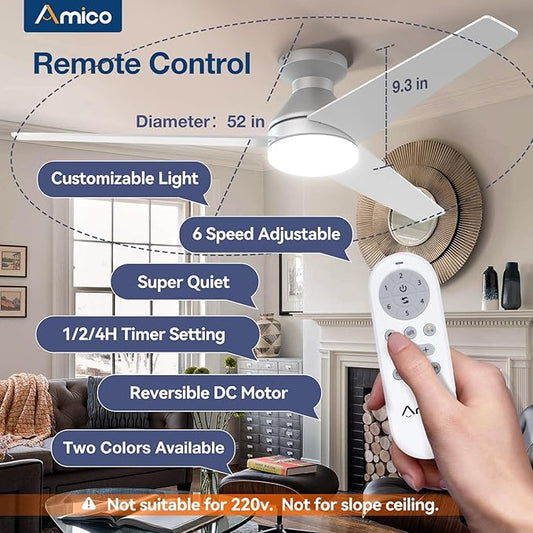 Amico Ceiling Fans with Lights, 52 inch Low Profile Ceiling Fan with Light and Remote Control, Flush Mount, Reversible, 3CCT, Dimmable, Noiseless, Silver Ceiling Fan for Bedroom, Indoor/Outdoor Use