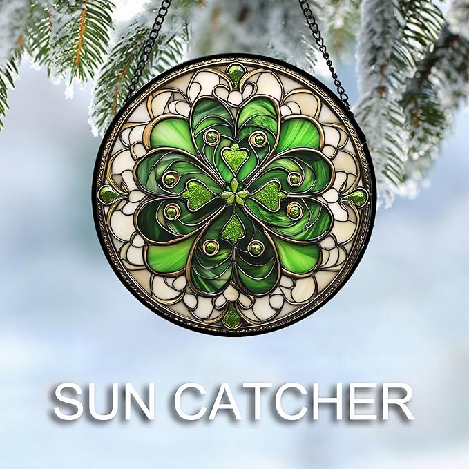 DASTOLL Stained Glass Window Hanging St. Ripak Festival Green Lucky Clover Large 15" - Suncatcher Door Garden Sun Catcher Ireland Decor Mother's Day for Mom Woman Her Men Sisters