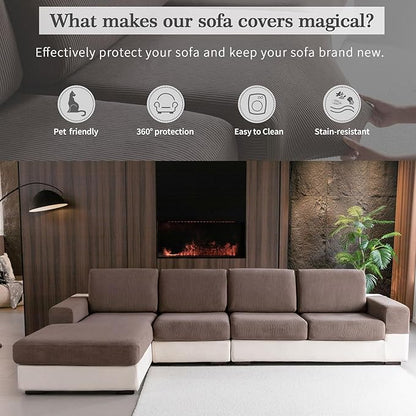 Sectional Couch Covers, Wear Resistant Stretch Sofa Covers Washable Soft Couch Cushion Covers Anti Slip Furniture Protector Sofa Slipcovers for Pets (1 Piece Large Cover, Brown)