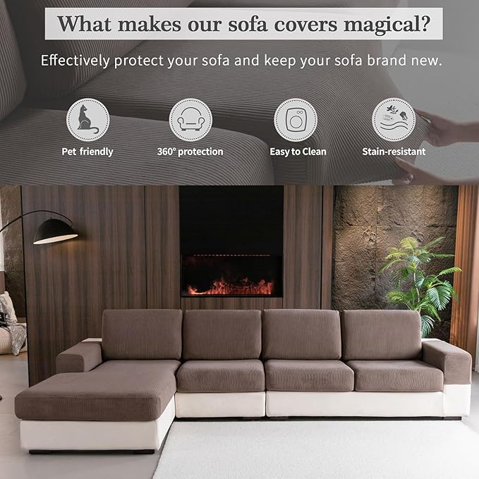 Sectional Couch Covers, Wear Resistant Stretch Sofa Covers Washable Soft Couch Cushion Covers Anti Slip Furniture Protector Sofa Slipcovers for Pets (1 Piece Armrest Sofa Cover, Brown)