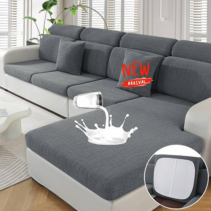 MAXIJIN Waterproof 4 Pieces Couch Cushion Covers for Sectional Sofa Seat Slipcover Stretch Sectional Couch Cover for L Shape Left/Right Chaise with Elastic Bottom (3 Seater + 1 Chaise, Light Gray)