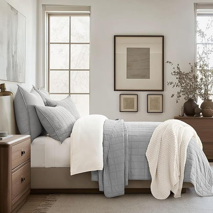EVERGRACEHOME 100% Cotton Box Stitch Quilt Bedding Set Queen Size 3 Pieces, Garment-Washed Lightweight Soft Cozy Coverlet, Quilted Bedspread Sets with 2 Shams for All Season, Fog Gray