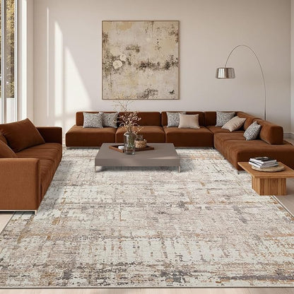 9x12 Area Rug for Living Room, Extra Large Washable Rug, Soft Neutral Abstract Rug for Bedroom, Office, Farmhouse, Low Pile Imitation Wool Non Slip Carpet Ideal for High-Traffic Areas, Beige Grey