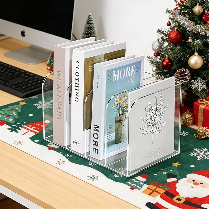 Jumyee Acrylic Magazine File Holder, Vertical Desk File Organizer Sorter with 4 Compartments, Clear Mail Organizer Office Organization Storage Binder Holder for Desk, Magazine, Books