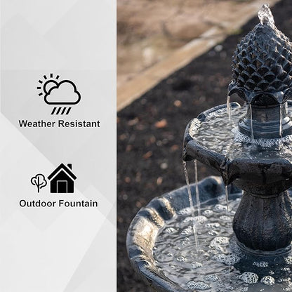 XBrand 44" H Black Fiberglass/Resin 2-Tier Solar Water Fountain with Auto-Shut Off Pump, Tall Outdoor Fountain, Two Tiered Birdbath