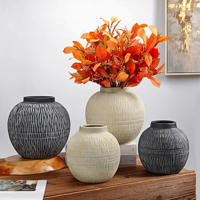 9" Large Rustic Vase with Linear Sculpture and Rich Sand Texture, Round Ceramic Vase with Wide Belly for Space Filling Decor, Retro Style & Beige White