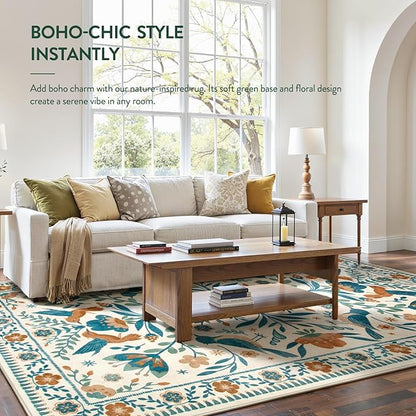 Moynesa Area Rugs 9x12 Retro Home Decor, Modern Bohemian Farmhouse Floral Bird Print Pattern Medallion Carpet for Large Living Room Bedroom Dining Room,Floor Protection Non-Slip Washable