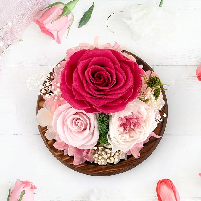 Pink Rose Birthday Gifts for Women Forever Flowers for Delivery Real Rose in Glass Dome with LED Strip, Preserved Flowers Gifts for Wife Girlfriend Mom on Wedding Anniversary