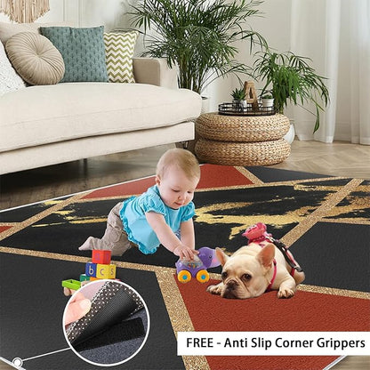 Black Gold Marble Area Rug Modern Abstract Marble Rug Polygonal Geometric Patchwork Carpet 3D Light Luxury Geometric Line Carpet for Living Room Playroom 6x9ft