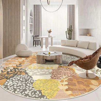 DEXDE Large Round Rug 9ft Washable Circle Area Rugs Non Slip Low Pile Boho Floral Circular Carpet for Bedroom Bathroom Entryway Kids Room Office Dining Room,Camel