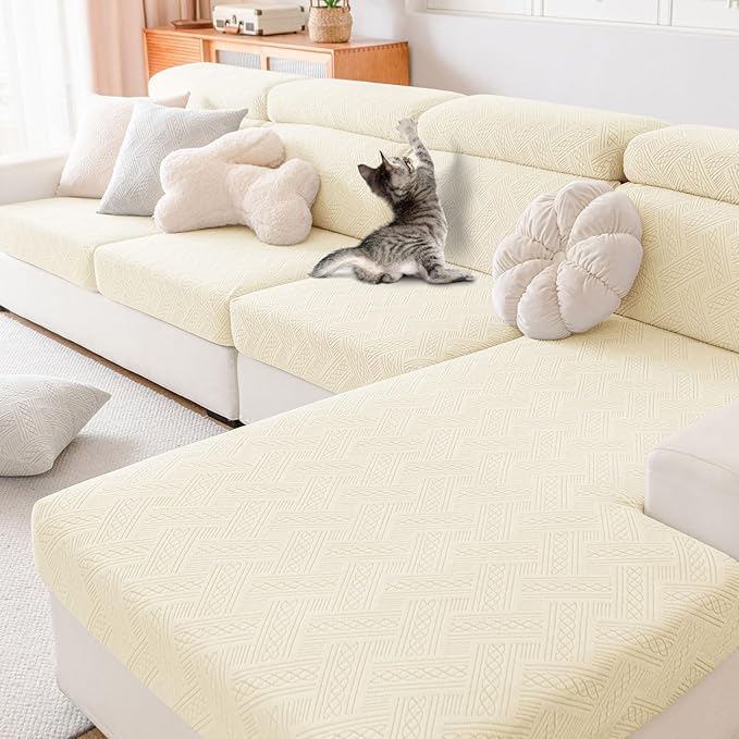 hyha Waterproof Couch Cushion Covers, Waterproof Sectional Couch Covers for Cushion Sofa for Pets, Stretch Sofa Slipcover Washable with Elastic Bottom(Back Cover L, Beige)
