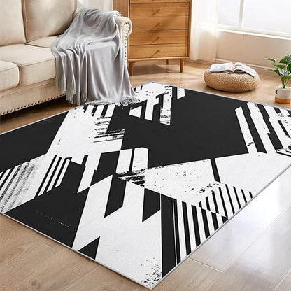 Black and White Rugs for Home Decor, 3x4 ft, Abstract Geometric Area Rugs for Living Room, Soft Non Slip Washable Modern Minimalist Carpet Bedroom Decorations Dt-Ghf-31